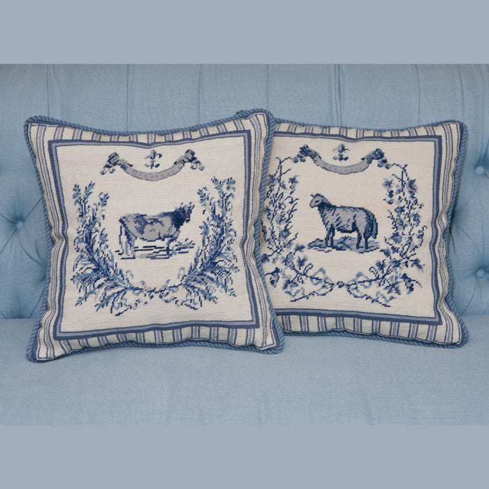 Sheep Needlepoint Pillow in Sunshine Yellow and French Blue - Village House  Pillows